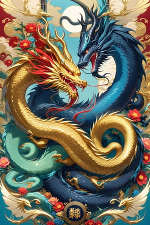 There are 5 Chinese dragons surrounded by flowers. Among these 5 dragons, one is a golden dragon, one is a bank dragon, one is a black dragon, one is a cyan dragon, and one is a red dragon. The body of the dragon is like a snake, with a long body. The body is curly, the image is beautiful, the dragon skin has scales, the dragon color is beautiful, the dragon has horns, (elegant), traditional Chinese image aesthetics, mythical creatures
