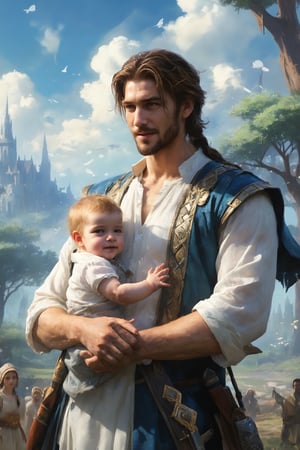 Close-up, masterpiece, magical world. The leader is a handsome man. He is holding his super cute 6-month-old son in his hands. The man and his son are smiling at each other. Behind the man, I saw a group of men holding their little daughters or sons in their hands. The picture was spectacular. There were tens of thousands of people headed by the handsome man. RTX, 8K. The atmosphere was very warm and beautiful. Official art. Far away. Landscapes, flowers and trees, white clouds and blue sky, light and shadow, depth of field.