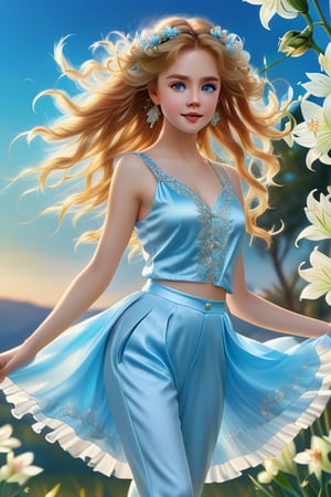 Close-up, full body shot of an 18-year-old girl resembling Nicole Kidman, with striking light blue eyes and long thick eyelashes, messy hair flowing. She wears satin pants and a variety of beautiful little dresses and casual wear in popular styles, dancing joyfully to music. The sky is adorned with braids of lilies, creating a stunning backdrop. High-quality, detailed illustration inspired by Alphonse Mucha, Boris Valejo, and Anne Boonchuy, enhanced with BlackworkStyleManityro and WOWAI, capturing expressive and dynamic elements.