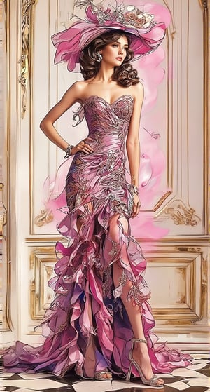 A beautiful European beauty with a tall, sexy, and well-proportioned figure, dressed in fashionable clothes for a high-end cocktail party, exuding luxury and elegance with an aristocratic feel inspired by the most popular Paris and Italian fashions. The artwork features a detailed, realistic depiction in watercolor and gouache, showcasing a lifelike quality and masterpiece status. The 128K resolution captures colored light wavelengths, attractive reflections, and a fine gouache sketch of her full body on display. The modern art style highlights the beauty's allure and sophistication.,Glass