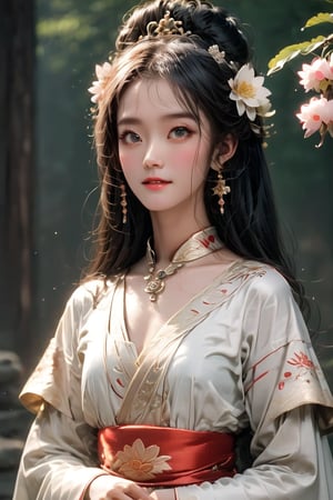 Close-up of a stunningly beautiful girl, Chinese Han Dynasty girl, with big eyes and long eyelashes that make her eyes more lively and beautiful, wearing Han Dynasty clothes and hairstyle, with stunning black hair and long She has thick eyelashes and holds a delicate bouquet of lotus flowers on her fingers. When she looked directly at the audience, she smiled. Her whole body exuded an otherworldly light, and every contour and object on her body seemed to be illuminated by light and sparkle. She couldn't help but dance an ancient dance taught by her grandmother at home. It was very elegant and soft. In the quiet atmosphere of summer night, the trees were tall, the river flowed quietly, and the nocturnal creatures sang to them with their gentle calls and croaks. Serenade, our protagonist is like a lovely beacon. In Vadimka's new style, every detail has been carefully crafted to create a realistic style that exudes elegance and wonder. (Masterpiece 1.2, 8K) Depth of field.
