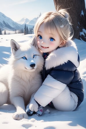 A little girl with blond hair and very fair skin. She is only 4 years old, but she grew up with a snow wolf with white fur and blue eyes. The snow wolf loves the little girl very much. He can put her to sleep and carry her on the grassland. The little girl always smiles happily. The little girl is extremely beautiful, with blue eyes, very lively, and long and thick eyelashes. To make her even more beautiful, she would often roll around on the grass with the snow wolf. The little girl wears all kinds of cute clothes. Outdoors, sunshine, mountains, trees, flowers, birds, butterflies. light and shadow. 