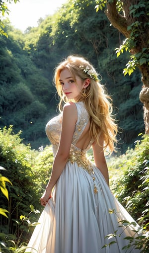 A majestic princess stands before us, bathed in soft golden light filtering through ancient tree leaves. Her delicate features glow with a subtle sheen, radiant smile, and large eyes shimmering like stars. Golden hair cascades down her back as shimmering wings spread like delicate petals. Lush greenery and vibrant flowers surround her, while verdant ivy vines decorate the background. A mystical aura fills the air, elevating her beauty to an enchanting level.