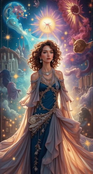 Create an image of a beautiful attractive young European woman with long curly hair standing in front of an open book. She seems to be traveling between worlds, and scenes from different fantasy worlds emerge from the pages. Her eyes are wide and full of wonder, and her flowing costume gives a sense of movement. The background shifts between vibrant colors, magical creatures, the colorful glow of magic and ancient cities, blending together seamlessly, as if the world in the book is coming to life around her. Beautiful magical fantasy art.