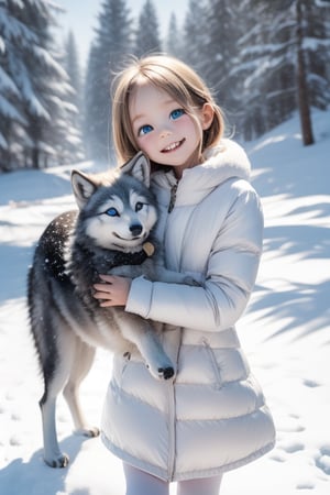 A little girl with blond hair and very fair skin. She is only 4 years old, but she grew up with a snow wolf with white fur and blue eyes. Snow Wolf loves this little girl very much. He can coax her to sleep. The little girl likes to use ballet dance movements to make Snow Wolf happy, because every time Snow Wolf sees her dancing ballet, it means that he is in a happy mood, and Snow Wolf will also be happy after seeing her. He will also carry her to the grassland. The little girl always smiles happily. The little girl is extremely beautiful, with bright blue eyes that are very lively and long and dense. In order to make herself more beautiful, she often rolls on the grass with Snow Wolf. Little girls wear all kinds of cute clothes. Outdoor, sunshine, mountains, trees, flowers, birds, butterflies. light and shadow
