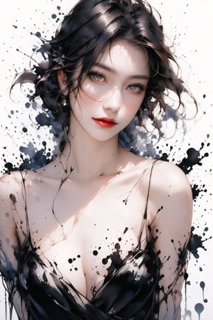 Very beautiful girl, elegant woman, ink drops, ((Color: 1.6)), white background, ((Masterpiece: 3)), medium shot, bare shoulders, looking at the viewer, ((Amazing image: 1.8)), ink art style