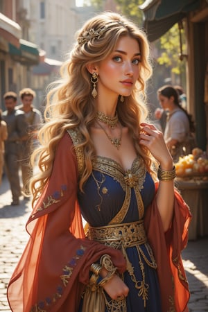 Stunning 8K CG masterpiece captures the essence of the bustling streets of ancient Rome. In the sun, in light and shadow, a very beautiful woman with fair skin, long flowing hair as soft as silk, wearing exquisite, luxurious, and precious clothing, poses in an authentic street stall. Her delicate face, smart eyes, long and thick eyelashes, and delicate nose are all displayed in detail. Her earrings, bracelets, gold bracelets, and rings seem to have come out of an art museum. Natural light gives her a beautiful glow, making her look even more beautiful. A delicate hand holds the vendor's goods, and her eyes seem to contain the secrets of this ancient city. Shadows dance precisely across the scene, adding depth and dimension to this ultra-detailed, realistic illustration.