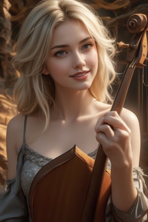 Masterpiece, high-resolution animation, ultra-high resolution rendering, a woman playing a cello, oqueltra background. Platinum blonde hair, beautiful face, angled to one side, pink lips, smiling face. Grey spaghetti strap off-shoulder dress.