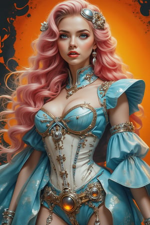 A beautiful acrylic model portrays a stunning woman with long wavy pink hair, dressed as a romantic queen of love, blending empress elegance with steampunk and cybernetic elements. She wears a striking blue dress with a white corset accentuating her waistline and a bright blue skirt for a playful touch. Steampunk accessories—gears, goggles, and metallic details—combine with cybernetic enhancements, giving her a futuristic edge. The background features an orange gradient with black and light yellow textures, creating a vibrant, dynamic atmosphere that highlights her commanding presence.