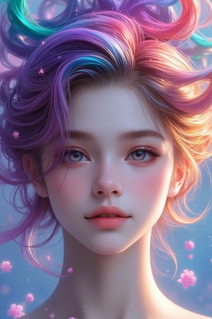 (Best Quality), (Realistic, Photorealistic: 1.2), (Masterpiece: 1.2), Anime Style, CG, Unity, 128K, Stunning, Fine Detail, Super Detailed, High Resolution, Surreal, ((Ultra Detailed)), ((highly detailed CG illustrations)), ((extremely delicate and beautiful)), (cute and beautiful delicate face, eyes, nose, and hands), movie lighting, movie composition, best shadows. A mesmerizing portrait of a vibrant rainbow-colored hair girl with piercing eyes, radiating confidence as she looks directly at the viewer from a swirl of inky stars. Warm smile. The air is filled with kinetic energy, passion itself has materialized, pouring out like a rain of ink. In the background, countless beautiful purple, pink, and light green flowers, suspended with delicate ink bubbles, lend an air of whimsy and showcase the artist's extraordinary skill and attention to detail.