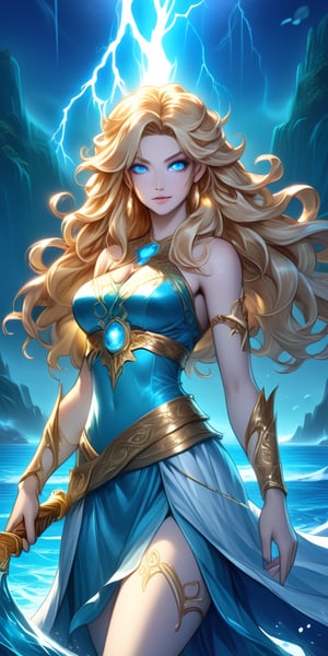 Styled by Yuumei, a beautiful pretty girl with sharp bright blue eyes and long eyelashes. She is dressed like: Daofeng Baby (Legend of the Ocean), a character from the Legend Duel mobile game. Holding a long lightning-shaped knife (the long knife is like the Greek god Zeus's weapon lightning), her beautiful long wavy golden hair is naturally scattered. She dances well with the knife. She is a natural winner on the battlefield. It is beautiful and has good knife skills. All the details are very detailed and the knife is shiny. It is made in an anime style with some colorful mixed colors and a masterpiece of marine color series.,enhance,art,wallpaper,fantasy,concept,magic