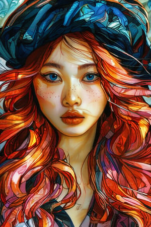 Close-up portrait of a beautiful 19-year-old Korean supermodel woman with beautiful blue eyes and long wavy pink hair wearing a pirate turban in the style of Vincent Van Gogh, bright colors and dark orange , deep aqua and bold buff with swirling, textured brushstrokes. Artists: Vincent van Gogh, Henri de Toulouse-Lautrec, Paul Gauguin.