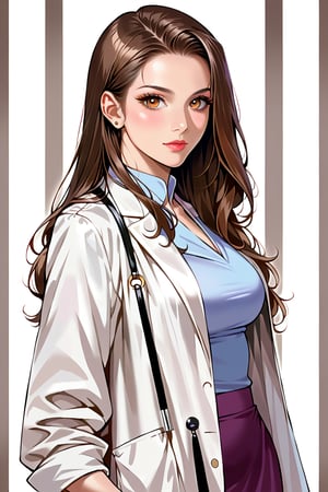 {{Masterpiece}}, a beautiful and talented woman, age 27, she is a surgeon, wearing a doctor's white coat, ((highest quality)), sexy woman, a girl, well-proportioned body, height Tall, perfect hands, detailed fingers, beautiful detailed eyes, long brown silky hair, bright brown eyes with long and dense eyelashes, tight skirt, perfect eyes, looking at the audience. Light and shadow, realistic.