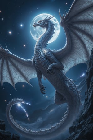 A silver-scaled dragon soars majestically in the moonlight, its long, sinuous body and outstretched wings cutting through the midnight stars. Moonlight accentuates the intricate patterns on its scales, revealing its ancient and formidable presence. The scene is captured with AMD Art, showcasing a masterpiece of light and shadow, creating a detailed and awe-inspiring composition.