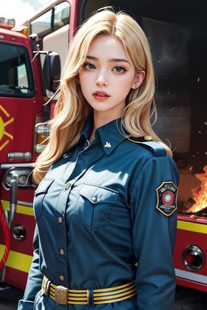 1girl, {{Masterpiece}}}, {{Super High Quality}} This girl has very thin golden hair. She is the captain of the fire brigade. She is 29 years old. She has rich experience in fire fighting. She is wearing a fire brigade uniform. She is very handsome. She holds a water-spraying belt and sprays it towards the burning building. Her green eyes are bright and shiny, her eyelashes are very long and thick, and her whole figure is more distinctive and charming than the current female supermodels. whole body. There are realistic details throughout, including her slightly curled cherry-red lips. The girl's long hair flutters in the wind, looking particularly beautiful under the light and shadow. There are many disaster relief personnel at the disaster relief scene. and many people who were affected by the disaster. The girl is 175cm tall and weighs 60kg. The body proportions are very well proportioned. She made various movements that a model would do, and her eyes looked exactly into the depth of field of the camera {{Ink realistic}}}. And it has a sketch-like oil painting effect. (Super high quality)