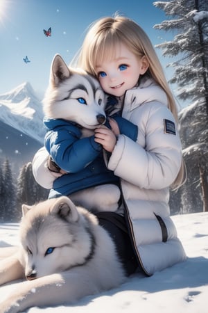 A little girl with blond hair and very fair skin. She is only 4 years old, but she grew up with a snow wolf with white fur and blue eyes. The snow wolf loves the little girl very much. He can put her to sleep and carry her on the grassland. The little girl always smiles happily. The little girl is extremely beautiful, with blue eyes, very lively, and long and thick eyelashes. To make her even more beautiful, she would often roll around on the grass with the snow wolf. The little girl wears all kinds of cute clothes. Outdoors, sunshine, mountains, trees, flowers, birds, butterflies. light and shadow. 