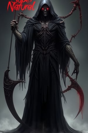 A scary grim reaper with an evil face and black length outfit, standing holding a large curvy scythe in hand, full body length. Words in red color read SuperNatural in a cartoon style image with a 3D background and 4K resolution. AssassinKahb style.