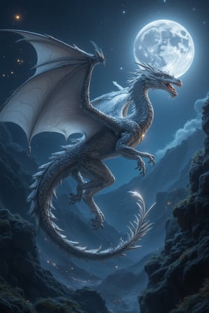 A silver-scaled dragon soars majestically in the moonlight, its long, sinuous body and outstretched wings cutting through the midnight stars. Moonlight accentuates the intricate patterns on its scales, revealing its ancient and formidable presence. The scene is captured with AMD Art, showcasing a masterpiece of light and shadow, creating a detailed and awe-inspiring composition.