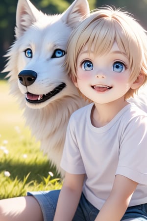 A little boy with blond hair, a delicate face, three-dimensional facial features, thick and long eyelashes, and a bright smile. There is a small pear dimple on each side of the lip. It is very beautiful among children. The tops are all short-sleeved T-shirts. and denim shorts. Photography and portraits. Light and shadow, 8K, I had a surprising encounter outdoors and met a white wolf. The lion was very docile and stuck his tongue on the children's faces. Depth of field.White wolf and little boy playing on the grass.
