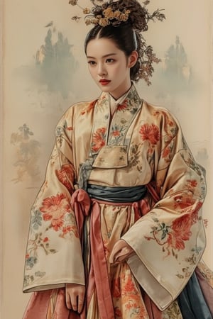 A beautiful European beauty, tall, sexy, and well-proportioned, wears ancient Korean-style clothes and has a popular hairstyle in ancient Korea. She exudes a sense of the clothes and customs of ordinary people at that time, casual and practical. The artwork is meticulously and realistically depicted in inks, pastels, and lacquers, displaying lifelike quality and masterpiece status. Full Body Display 128K resolution captures colorful light wavelengths, mesmerizing reflections, and a delicate oil sketch in the center. Ancient art styles highlight beauty and sophistication.