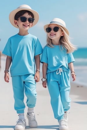 A handsome dark-haired boy and a beautiful blonde girl, both wearing sky blue matching T-shirt suits, hats, and sneakers on a sunny day. Both of them wear sunglasses and laugh as they walk. Simple background, jewelry, watch, and obvious height difference. Soft natural light and medium shots capture their happy expressions and leisurely moments.