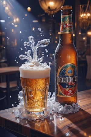 A Rococo-style masterpiece that combines all possible fantasy elements to create a miraculous scene. Set in a dark bar with a modern 21st-century design scheme, the Oktoberfest beer labeled Dream Brew 2024 exudes an inviting atmosphere. The chilled beer bottle, with ice vapor and crystal water droplets on its surface, makes people eager to drink this delicious beer. The super practical, colorful handmade water pastel sketch transports viewers to a fantasy world, capturing the essence of Rococo art and the allure of a modern, enchanting setting.