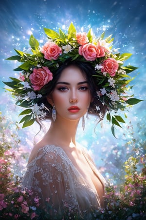 masterpiece,uhd,8k,ultradetailed,intricate,painting of a woman with a wreath of flowers and leaves in her hair (small size),karol bak uhd,beautiful fantasy art portrait,beautiful art uhd 4k,beautiful digital artwork,beautiful Gorgeous digital art, beautiful fantasy portraits, beautiful digital art, beautiful digital paintings, fantasy portrait art, fantasy art portraits, beautiful digital illustrations, beautiful character paintings, gorgeous digital art, more and better quality, light and shadow