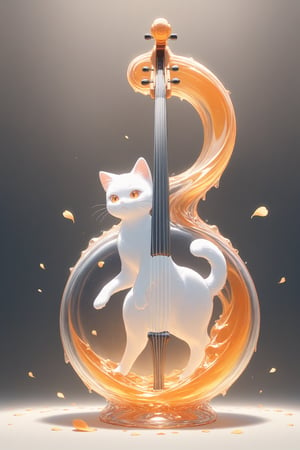 {Elegant crystal glass cello with beautiful curves filled with marbled orange and white liquid forming the shape of a cat. Cats have hair and texture. Smooth animal silhouettes with wavy dynamic movement. Pastel petals float around the vase. }