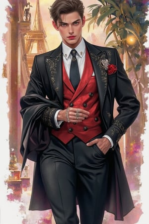 Emo handsome European guy with a tall, sexy, and well-proportioned figure, wearing fashionable clothes to attend a high-end cocktail party, exuding a luxurious and elegant aristocratic atmosphere, inspired by the most popular Paris and Italian fashions. Artwork meticulously and realistically depicted in watercolor and gouache, displaying lifelike quality and masterpiece status. 128K resolution captures colorful light wavelengths, mesmerizing reflections, and delicate gouache sketches of his entire body. Modern art style highlights beauty and sophistication.