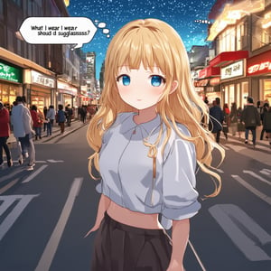 Stunning RTX, 8K HDR, a beautiful Korean female supermodel girl with big blue eyes, long thick eyelashes, beautiful long blond wavy hair, the female supermodel goes out to buy snacks, wearing casual clothes, walking On the street. As she walked, she thought: What should I buy today? There will be a comic dialogue box on this screen, and the words inside are psychological words. This is anime style. Picture perfect. Correct body structure, girl's tall figure of 175 cm. Very noticeable on the road. The girl thought again: (dialogue box) Should I wear sunglasses? Background: sky full of stars, brightly lit streets. There are many people passing by. Full of joyful atmosphere. light and shadow.
Anime style. Super masterpiece..hole body.