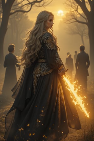 A stunning, ultra-detailed CG illustration depicting a fearless medieval warrior woman, her steady gaze lighting up the ominous darkness as she moves across a desolate landscape. Her sword of ice and fire blazes in her determined hands, while intricate armor patterns gleam in the misty veil. The mysterious dark silhouettes contrast with the warm golden light, creating a cinematic composition with the best shading. The soft, idyllic backdrop whispers of ancient mysticism, and the determined pace of the warrior cuts through the eerie atmosphere. This high-quality, photorealistic masterpiece showcases an extremely delicate and beautiful face, detailed eyes, nose, hands, and feet, with cinematic lighting and composition.