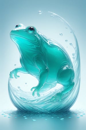 {Elegant crystal clear crystal glass frog with graceful curves, filled with marbled light green and white liquid (clear), forming a Cinderella shape. Frog and texture. Smooth object contours and undulating dynamic motion. Pastel petals float around the vase. }