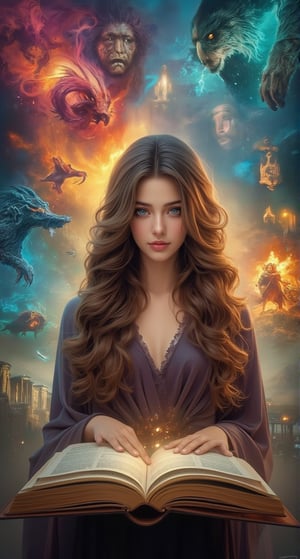 Create an image of a beautiful attractive young European woman with long curly hair standing in front of an open book. She seems to be traveling between worlds, and scenes from different fantasy worlds emerge from the pages. Her eyes are wide and full of wonder, and her flowing costume gives a sense of movement. The background shifts between vibrant colors, magical creatures, the colorful glow of magic and ancient cities, blending together seamlessly, as if the world in the book is coming to life around her. Beautiful magical fantasy art.