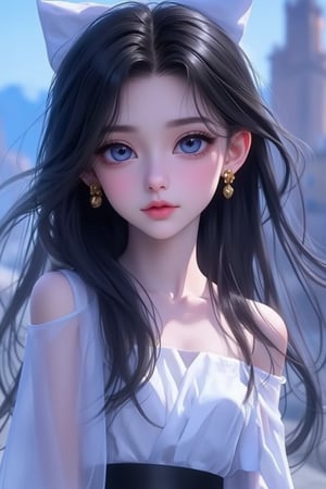 An animated girl with long black hair and piercing blue eyes, wearing a white dress with a black belt around her waist. She has a bow on her head and earrings in her ears, her hair pulled back and cascading over her shoulders. Her eyes are a striking blue, with darker blue eyebrows and lighter pink lips. The scene is depicted in an anime style, with vibrant colors and expressive features.