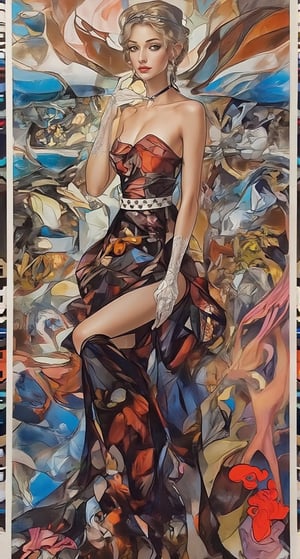 A beautiful European beauty with a tall, sexy, and well-proportioned figure, dressed in fashionable clothes for a high-end cocktail party, exuding luxury and elegance with an aristocratic feel inspired by the most popular Paris and Italian fashions. The artwork features a detailed, realistic depiction in watercolor and gouache, showcasing a lifelike quality and masterpiece status. The 128K resolution captures colored light wavelengths, attractive reflections, and a fine gouache sketch of her full body on display. The modern art style highlights the beauty's allure and sophistication.,Glass