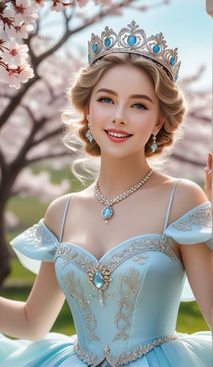 Close-up, young girl with light blue eyes and long thick eyelashes, she looks like 20-year-old Grace Patricia Kelly, wearing a crown, full body shot, wearing a gorgeous princess dress, standing, she dances elegantly Dance steps, she danced to the music, immersed in the charming music, she smiled happily. There are also cherry blossom braids all over the sky, which are extremely beautiful. High quality. Modifiers: Alphonse Mucha, boris valejo dedecent illustration, Anne Boonchuy, art_booster, BlackworkStyleManityro, WOWAI, Expressiveh, Apoloniasxmasbox