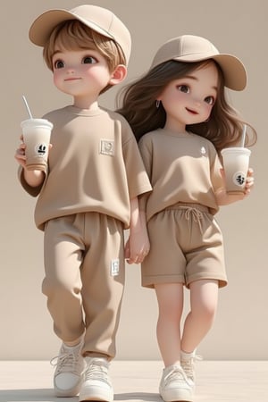 A sunny day, a handsome blonde boy and a beautiful brunette girl, both wearing khaki-colored matching sportswear sets, caps, and sneakers. The boy holds two pearl milk teas, walking and laughing with the girl. Simple background, jewelry, watches, and a noticeable height difference between them. Soft natural lighting, mid-shot framing capturing their joyful expressions and casual attire.