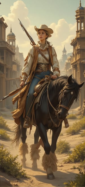 On the journey to expand the wilderness, a beautiful and charming American girl was wearing a cowboy outfit from the 1881 AD era. She had two mid-length guns and a cowboy belt on her belt. She also had a magazine on her belt. She was wearing a cowboy hat because the sun was very bright. But her facial features are exquisite and three-dimensional, her face, tall and well-proportioned figure look beautiful in jeans, and her identity is very mysterious. That era was very barbaric and life was difficult, so her white and tender skin attracted everyone's attention. Everyone is coveting her beauty, but her spear skills are very good and she has martial arts, so everyone only dares to look at her. A girl is riding a black horse. She is very strong. She is holding the horse's rope and walking. Walking through the villages and towns, the landscape of the villages and towns is still very distinctive with retro western-era buildings and desolate landscapes. Cowboy shooting, westernism. American retro art. Brutalist style.