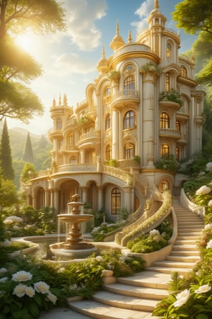 A hyper-realistic close-up of a grand, ornate, cream-colored castle-like villa, featuring a grand staircase, lush garden, ornate fountain, towering trees, and a bridge, all bathed in golden sunlight. The outdoor setting showcases the masterpiece architecture in stunning detail, with intricate textures and vibrant colors. Captured in 8K resolution, the scene is rich with fine details, emphasizing the beauty and grandeur of the structure.