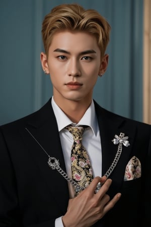 Anime-style solo singer depicted as an unkempt man with French gentleman aesthetics. Short hair, eyeliner, and rococo makeup embody moody nobility. Wearing a chic black and white suit, dragon gold-patterned tie, titanium watch, earrings, and luxurious silver lapel pin chain. A floral handkerchief peeks from his chest pocket, highlighting his soft blonde hair, sharp blue eyes, long legs, and tall, handsome figure. The scene captures the essence of rococo chic, blending refined details with elegance and avant-garde. Full body. Sometimes you sit, sometimes you stand sometimes you lie: