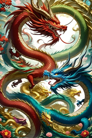 There are 5 Chinese dragons surrounded by flowers. Among these 5 dragons, one is a golden dragon, one is a bank dragon, one is a black dragon, one is a cyan dragon, and one is a red dragon. The body of the dragon is like a snake, with a long body. The body is curly, the image is beautiful, the dragon skin has scales, the dragon color is beautiful, the dragon has horns, (elegant), traditional Chinese image aesthetics, mythical creatures,Chinese Dragon