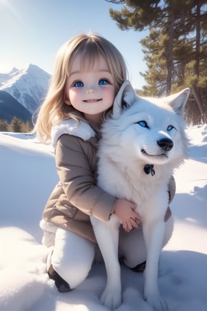 A little girl with blond hair and very fair skin. She is only 4 years old, but she grew up with a snow wolf with white fur and blue eyes. The snow wolf loves the little girl very much. He can put her to sleep and carry her on the grassland. The little girl always smiles happily. The little girl is extremely beautiful, with blue eyes, very lively, and long and thick eyelashes. To make her even more beautiful, she would often roll around on the grass with the snow wolf. The little girl wears all kinds of cute clothes. Outdoors, sunshine, mountains, trees, flowers, birds, butterflies. light and shadow. 