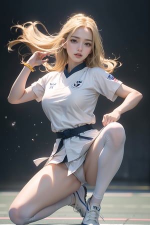 Best quality, masterpiece, super high resolution, (photorealism: 1.4), original photo, Korean girl 18 years old, blonde   wearing, plain Teardrop-shaped background, technical clothing, art style. The action is a 180-degree spin kick of Taekwondo. The two eyes are blue with light spots. Wear official competition Taekwondo uniforms, full body display,No shoes.

