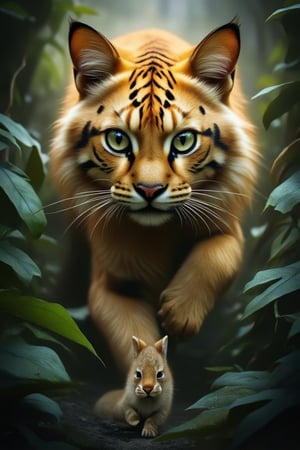 Hyper-realistic art: In the untamed jungle, it is mysterious and unpredictable. There is a national first-level protected cat "Golden Cat" whose appearance is described as follows: The golden cat has a vertical white stripe with black edges on the inside of each eye, and a black-brown and gray-white vertical stripe on its forehead. , extending from the eyebrow arch to the back of the head. The golden cat is a small to medium-sized cat, with a total length from head to body of 66-105 cm. Please show it chasing its prey "hare". Digital and official art.