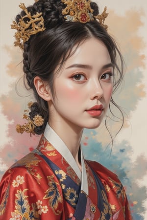 A beautiful European beauty, tall, sexy, and well-proportioned, wears ancient Korean-style clothes and has a hairstyle popular in the ancient Korean dynasty. She exudes a sense of fashionable aristocracy and customs, casual and elegant. The artwork is meticulously and realistically depicted in ink pastels and gouache, conveying lifelike quality and masterpiece status. 128K resolution captures colorful light wavelengths, mesmerizing reflections, and the delicate oil pastel sketch at the center. Ancient art styles highlight beauty and sophistication.