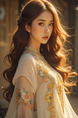 A stunning Taiwanese woman's face fills the picture, with long, soft silk-like brown hair flowing and lighter brown highlights in the sun. Soft golden light casts a warm glow on her silky white smooth complexion, as she wears a very sexy yet generous full-length dress that accentuates her curves. The exquisite clothes set off her face, making her more beautiful than the most beautiful woman in the world, drawing attention to her flawless facial features. Her perfect figure and slender legs are subtly hinted at, as she strikes a majestic pose like a bejeweled fantasy princess. This aestheticism, official art masterpiece captures her enchanting beauty and regal presence.