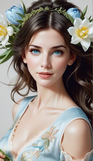 Close-up, young girl, light blue eyes, long thick eyelashes, she looks like 18-year-old Sandra Bullock, messy hair, full body shot, wearing beautiful casual clothes, standing, beautiful Dressed in beautiful little dresses and casual outfits in a variety of colors, she danced to the music and looked happy. There is also a large bouquet of white tulips in her hand, which is extremely beautiful. High quality. Modifiers: Alphonse Mucha, boris valejo dedecent illustration, Anne Boonchuy, art_booster, BlackworkStyleManityro, WOWAI, Expressiveh, Apoloniasxmasbox