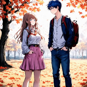 A beautifully animated scene featuring a couple outdoors, surrounded by leaves. The girl has long hair with bangs, wearing a pink skirt and a long-sleeved shirt, her hair a mix of golden and red hues. The boy, with striking blue eyes, stands beside her in a jacket over a white shirt, jeans, and a backpack. They look at each other, the girl's hand tucked into her pocket, highlighting their height difference. The composition captures a romantic, anime-style masterpiece, with the couple exuding charm and elegance in their casual yet stylish attire.