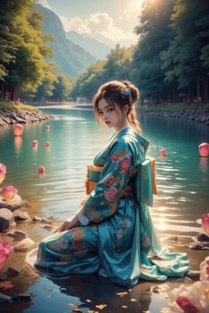 Medium shot of a young girl in a traditional kimono kneeling on the bank of a peaceful river. Her large, bright blue eyes and silky brown hair catch the soft sunlight, illuminating her pensive face as she gently releases Toro water into the flowing river. The composition is centered around her, with the river and vibrant lanterns radiating outward. Watercolor strokes in soft blue and green tones create a peaceful atmosphere. Warm lights and floating lanterns add a soft glow to the tranquil scene.