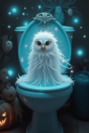 Digital image of an adorable ghost glowing inside a toilet, with an owl perched nearby. The scene is set for Halloween, featuring high quality, masterpiece, 8K, and super cute elements. Flying ghosts add to the whimsical atmosphere, creating a charming and spooky scene.